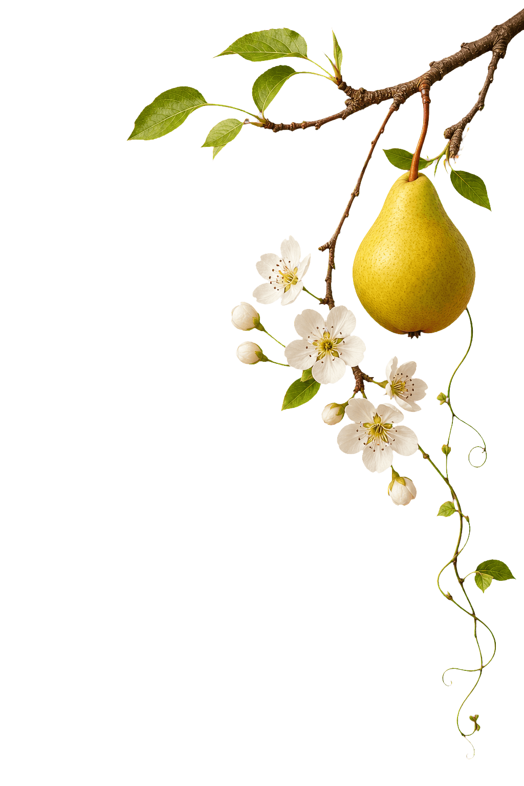A ripe pear and white blossoms growing from one leafy branch