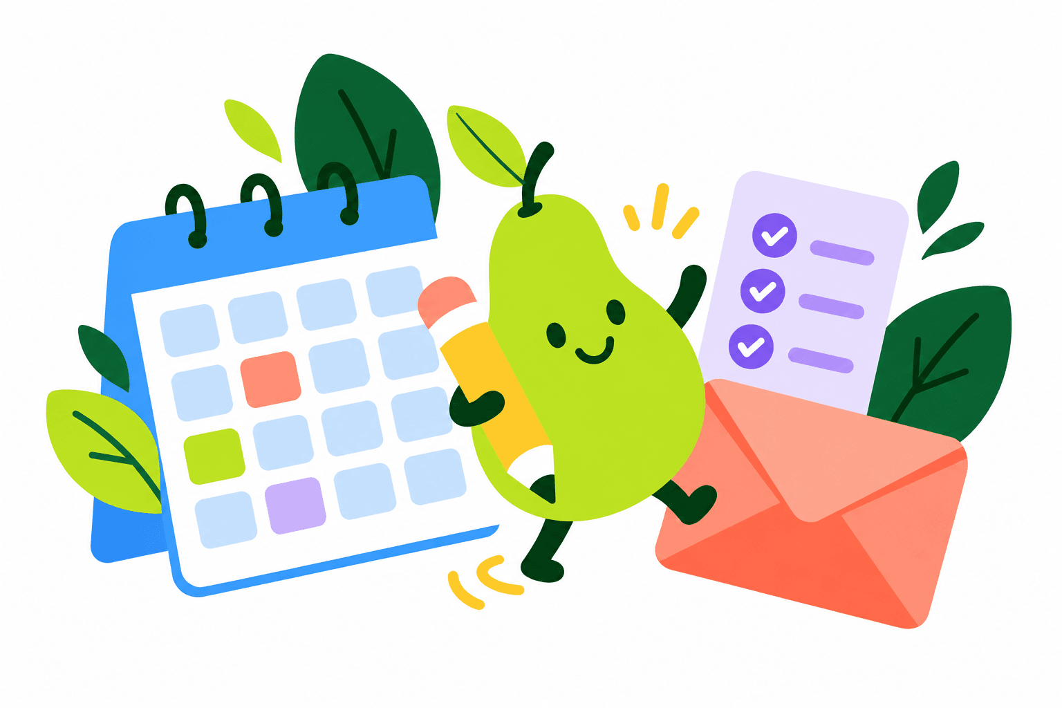 A cheerful Pear mascot with a calendar, envelope and checklist